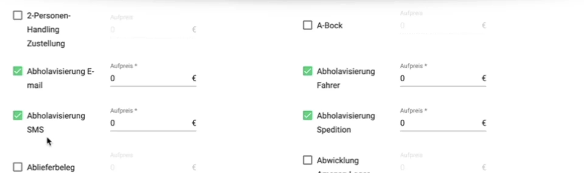Einstellumgen für Avisierung am Tarif