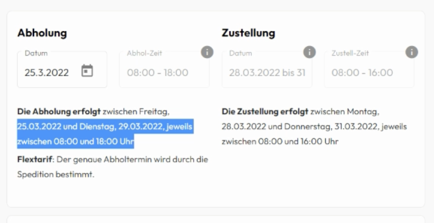 Anzeige der Abholzeiten bei der Buchung
