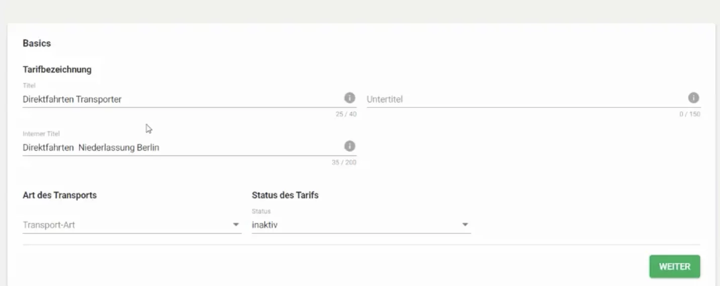 Screenshot der Titel Eingabe für Tarife