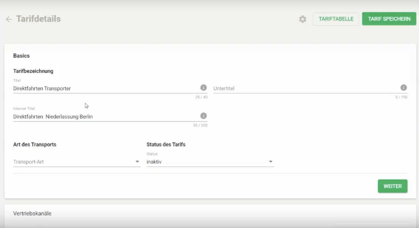  Screenshot der Titel Eingabe für Tarife