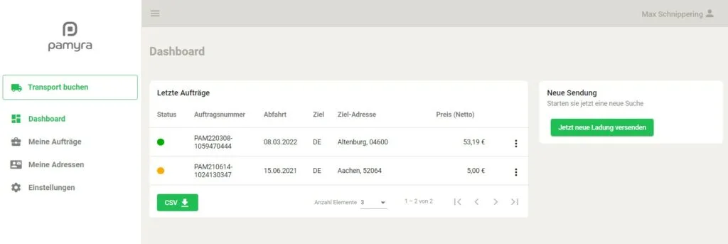  Auftragsliste im Pamyra Manager Tool